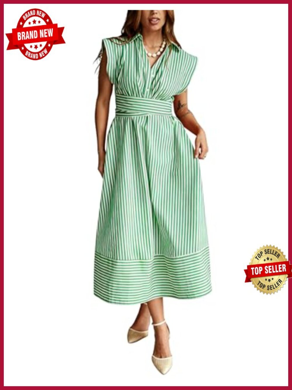 Striped Button Down Sleeveless Maxi Dress with Belt Casual Summer